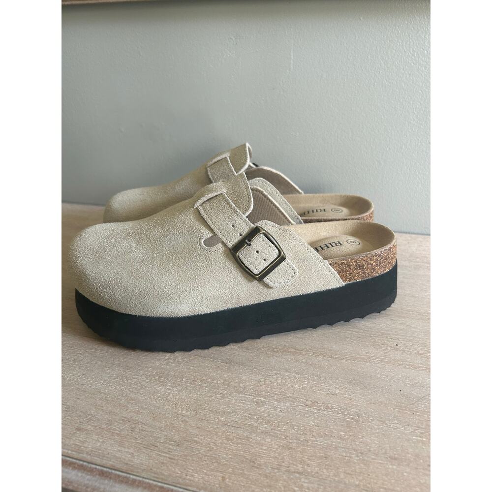 Rihero Suede Slip On mules Beige Platform Sole Cushioned Footbed  Casual Comfort - Picture 2 of 11